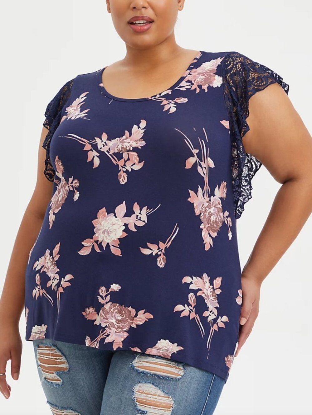TORRID 1 Plus Size Flutter Sleeve Top Super Soft Floral Navy Blue Mauve Pink 1X